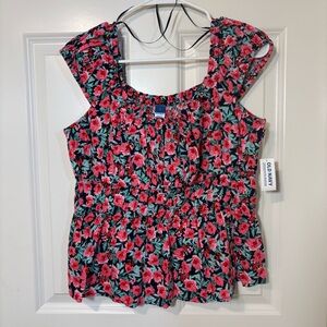 NWT Old Navy Fitted Tie Front Smocked Floral Top Women’s L